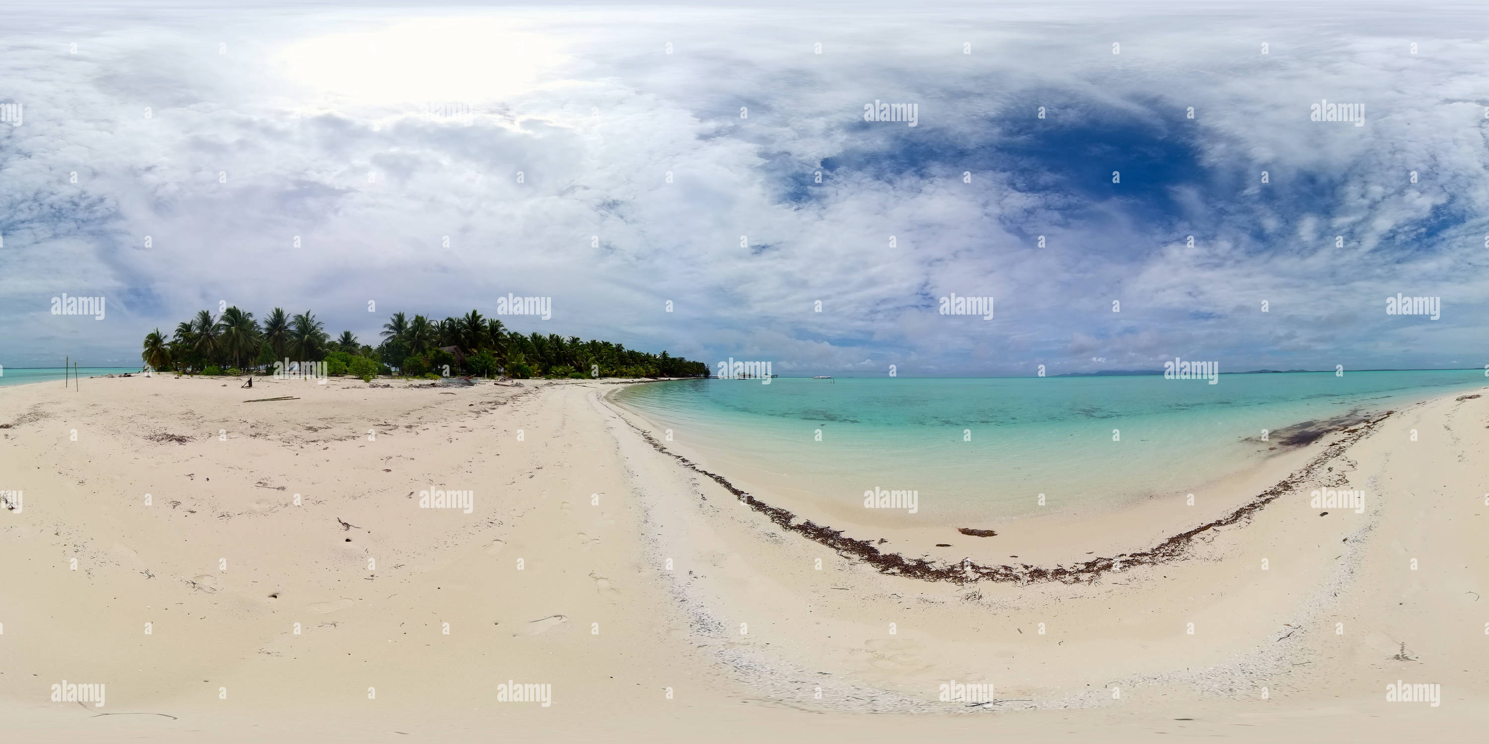 Visualizzazione panoramica a 360 gradi di Spiaggia tropicale con palme. Realtà virtuale 360.