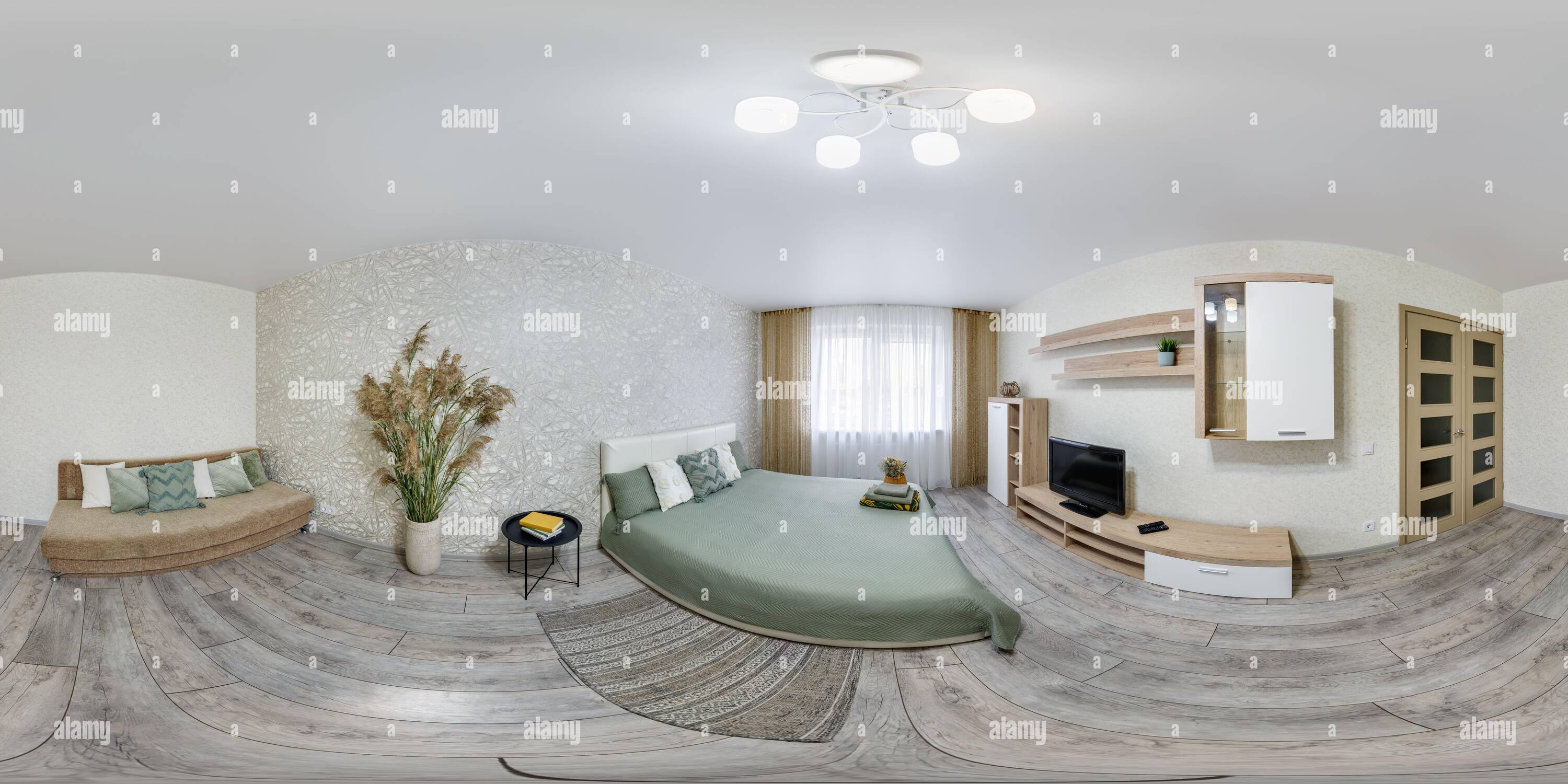 Visualizzazione panoramica a 360 gradi di Panorama sferico hdri 360 perfettamente integrato all'interno della camera da letto in appartamenti moderni in proiezione equirettangolare, contenuto VR,