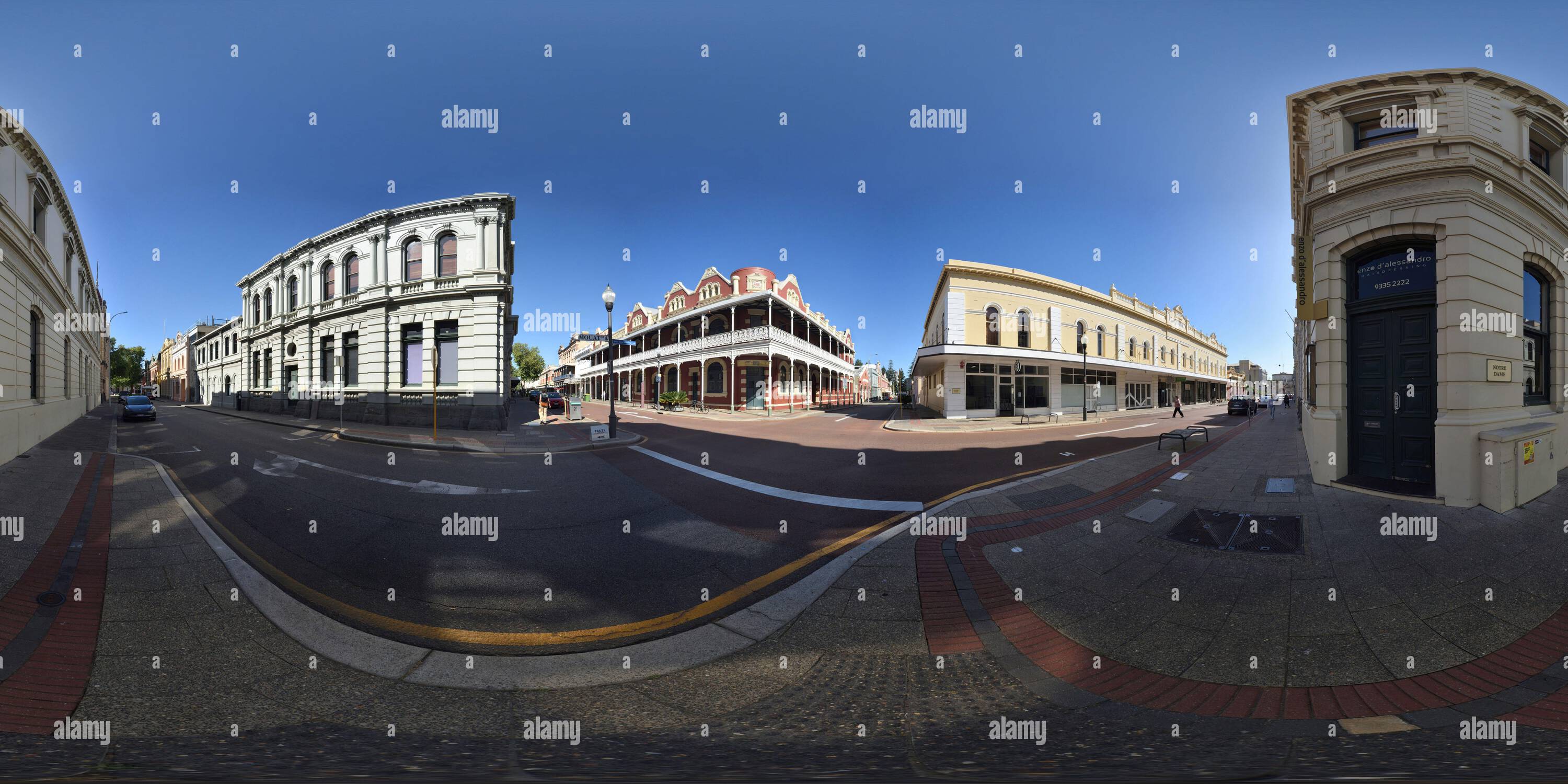 Visualizzazione panoramica a 360 gradi di P&o Hotel, Owstons Building, poi The Commercial Bank, 1901 l'ex Bank of New South Wales, High St & Mouat St, Fremantle, Australia Occidentale