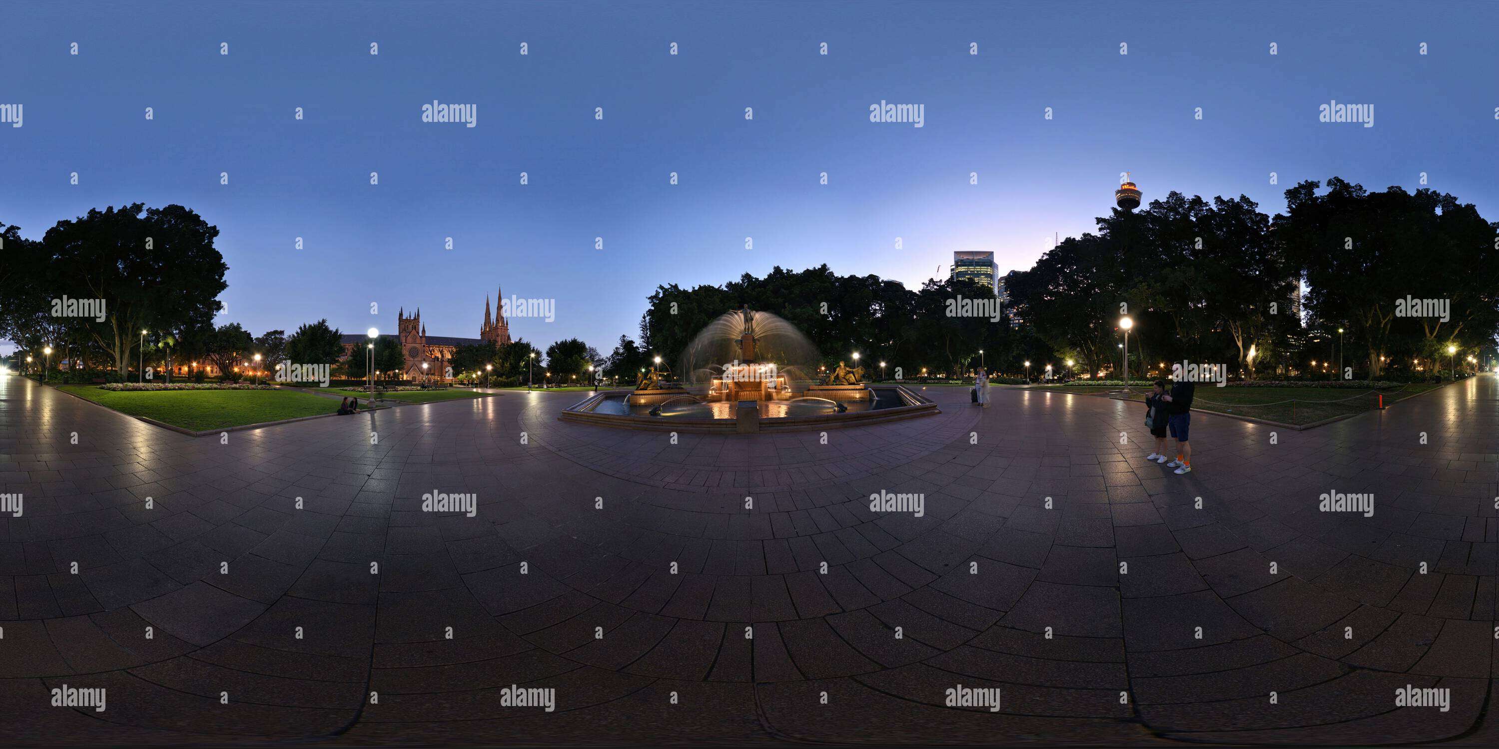 Visualizzazione panoramica a 360 gradi di 360° Panorama della Archibald Memorial Fountain a Hyde Park e St Marys al crepuscolo con avenue of Large Hill's Weeping Figs a Sydney, Australia