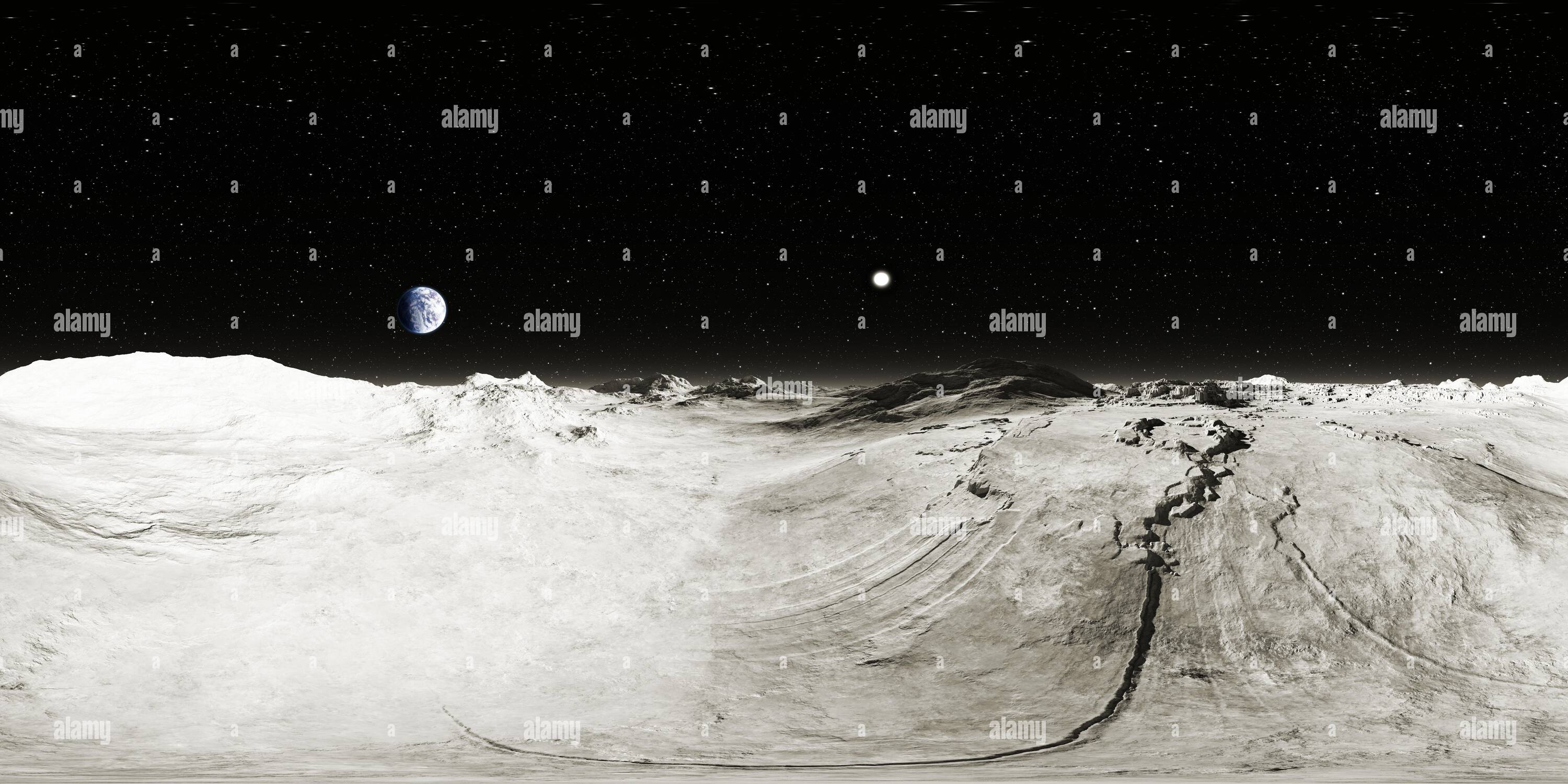 Visualizzazione panoramica a 360 gradi di Paesaggio lunare a 360 gradi, proiezione equirettangolare, mappa ambientale. Panorama sferico HDRI. Sfondo spazio. illustrazione 3d.