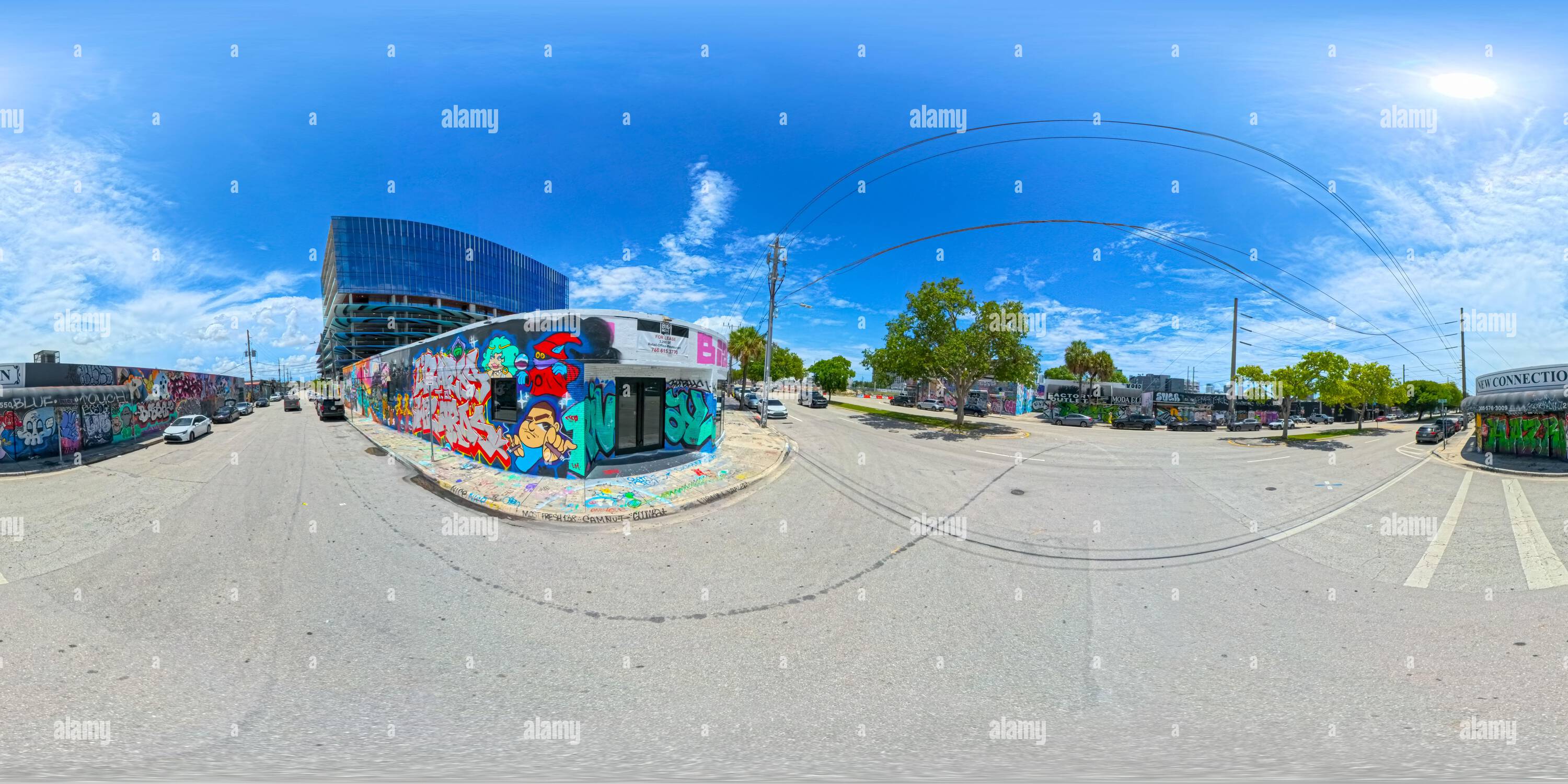 Visualizzazione panoramica a 360 gradi di Miami, FL, Stati Uniti - 25 agosto 2024: Vista sulla strada Miami Wynwood estate 2024