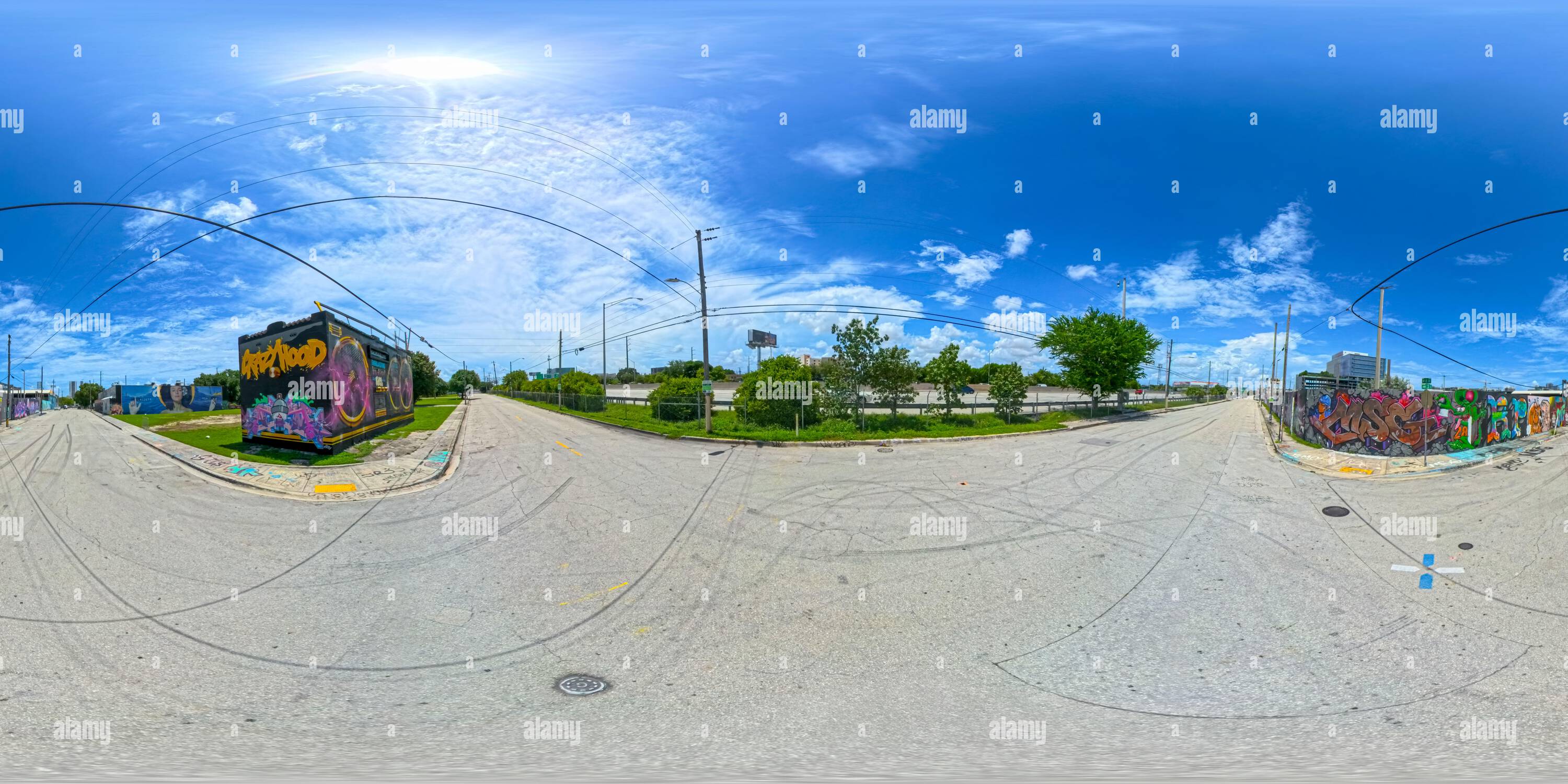 Visualizzazione panoramica a 360 gradi di Miami, Florida, Stati Uniti - 25 agosto 2024: Scena di strada Wynwood Miami