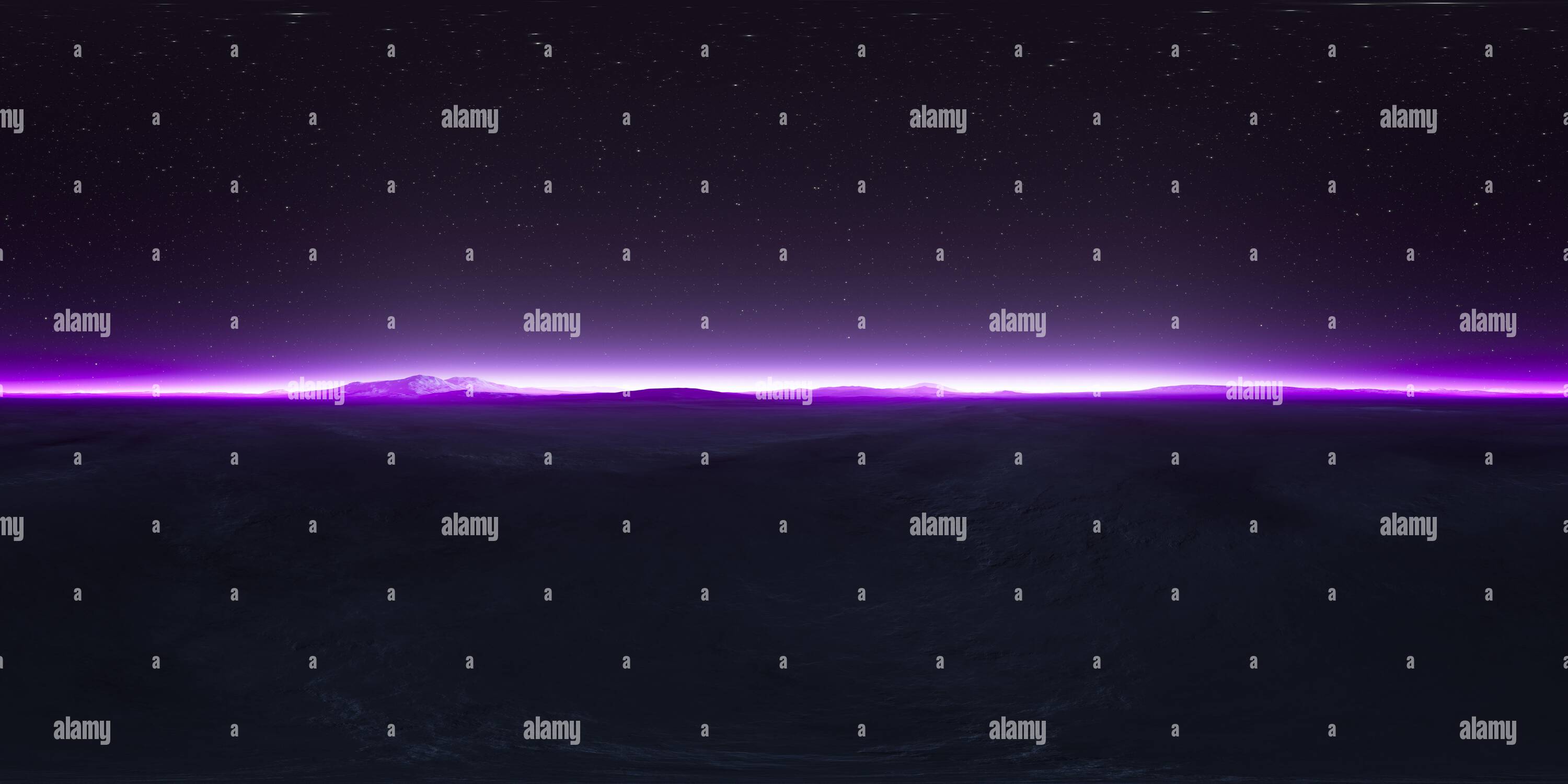 Visualizzazione panoramica a 360 gradi di superficie del cielo stellato a 360 gradi, paesaggio desertico notturno alieno. Proiezione equirettangolare, mappa ambientale, panorama sferico HDRI. illustrati 3d.