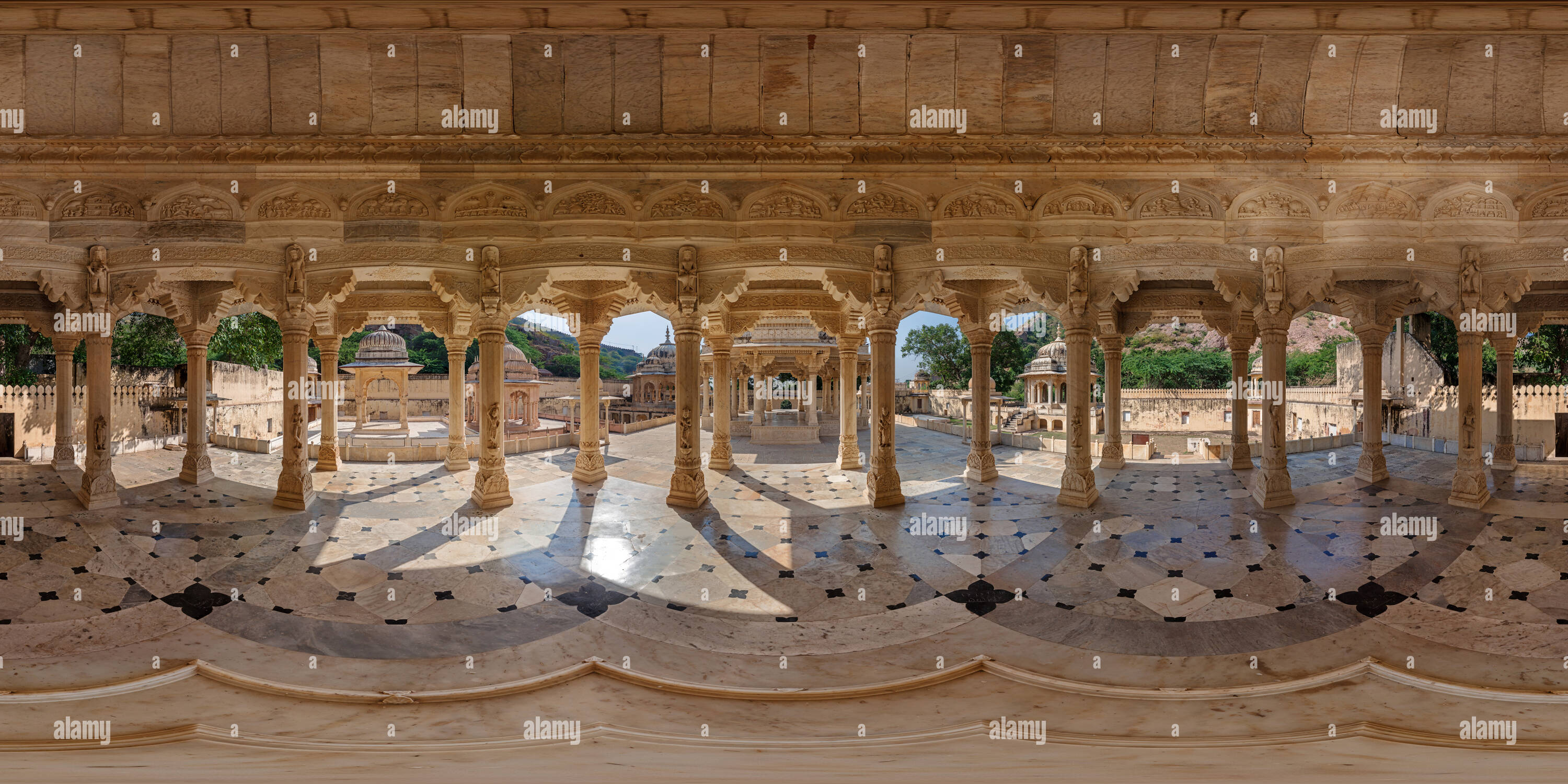 Visualizzazione panoramica a 360 gradi di Il cenotafio di Maharaja Madho Singh II - Gaitor - Jaipur - Brahampuri