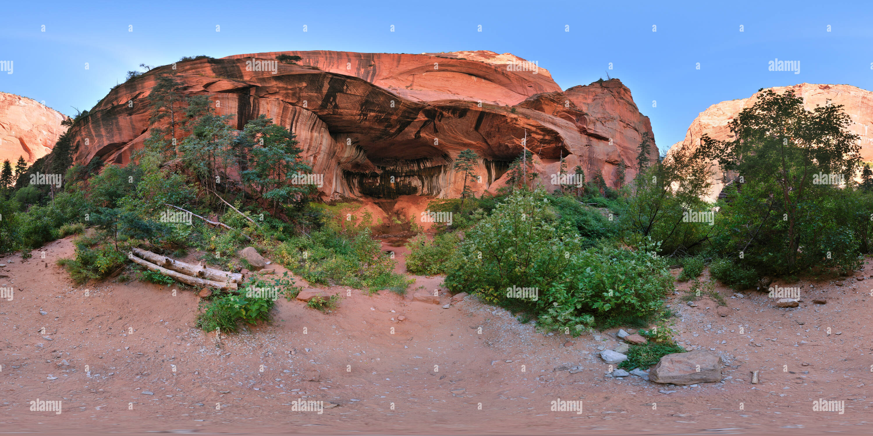 Visualizzazione panoramica a 360 gradi di Il doppio arco alcova, sarto Creek Trail, Kolob, Parco Nazionale Zion, Utah, Stati Uniti d'America, 02