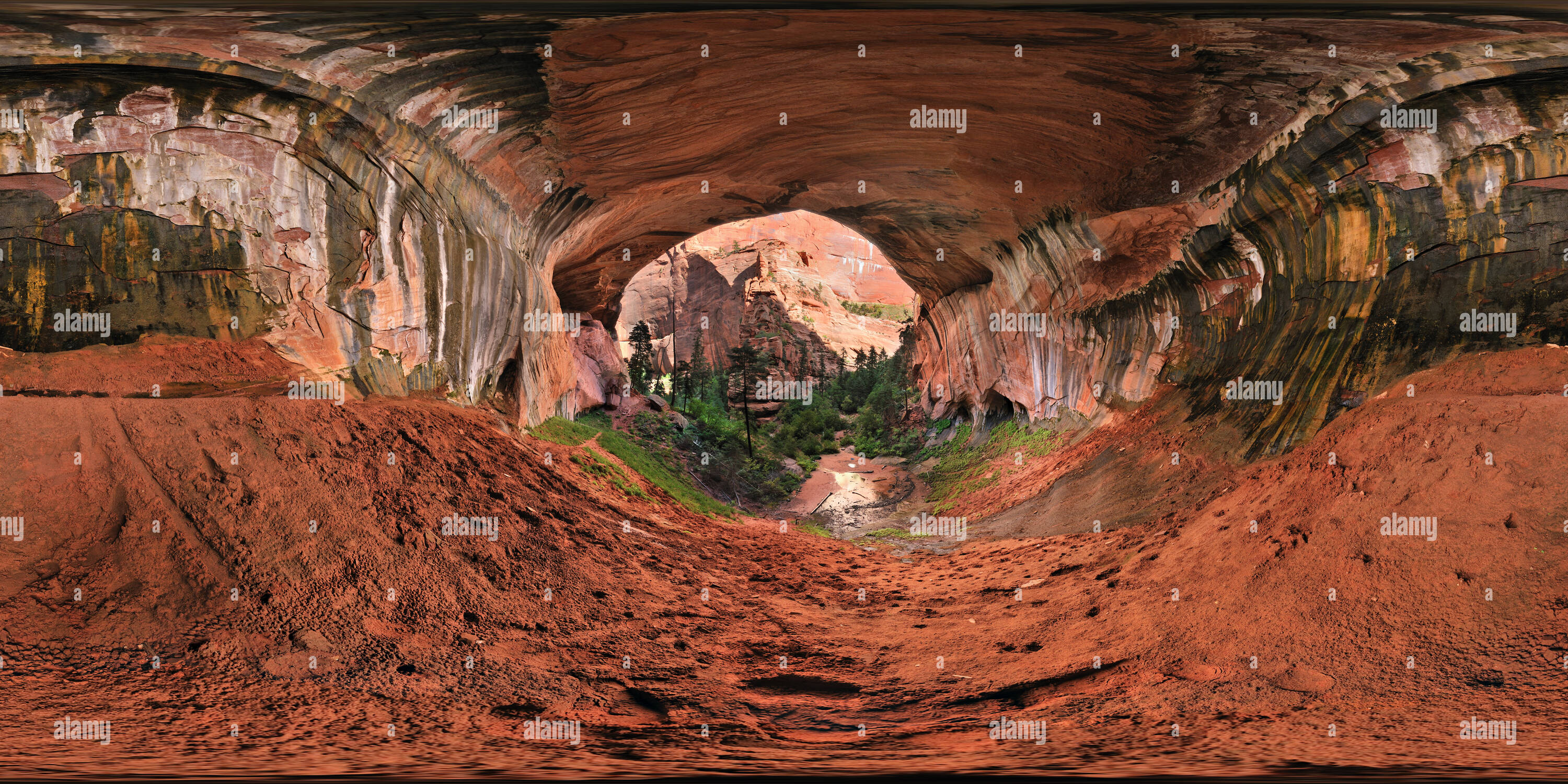 Visualizzazione panoramica a 360 gradi di All'interno della doppia arcata alcova, sarto Creek Trail, Kolob, Parco Nazionale Zion, Utah, Stati Uniti d'America, 3b