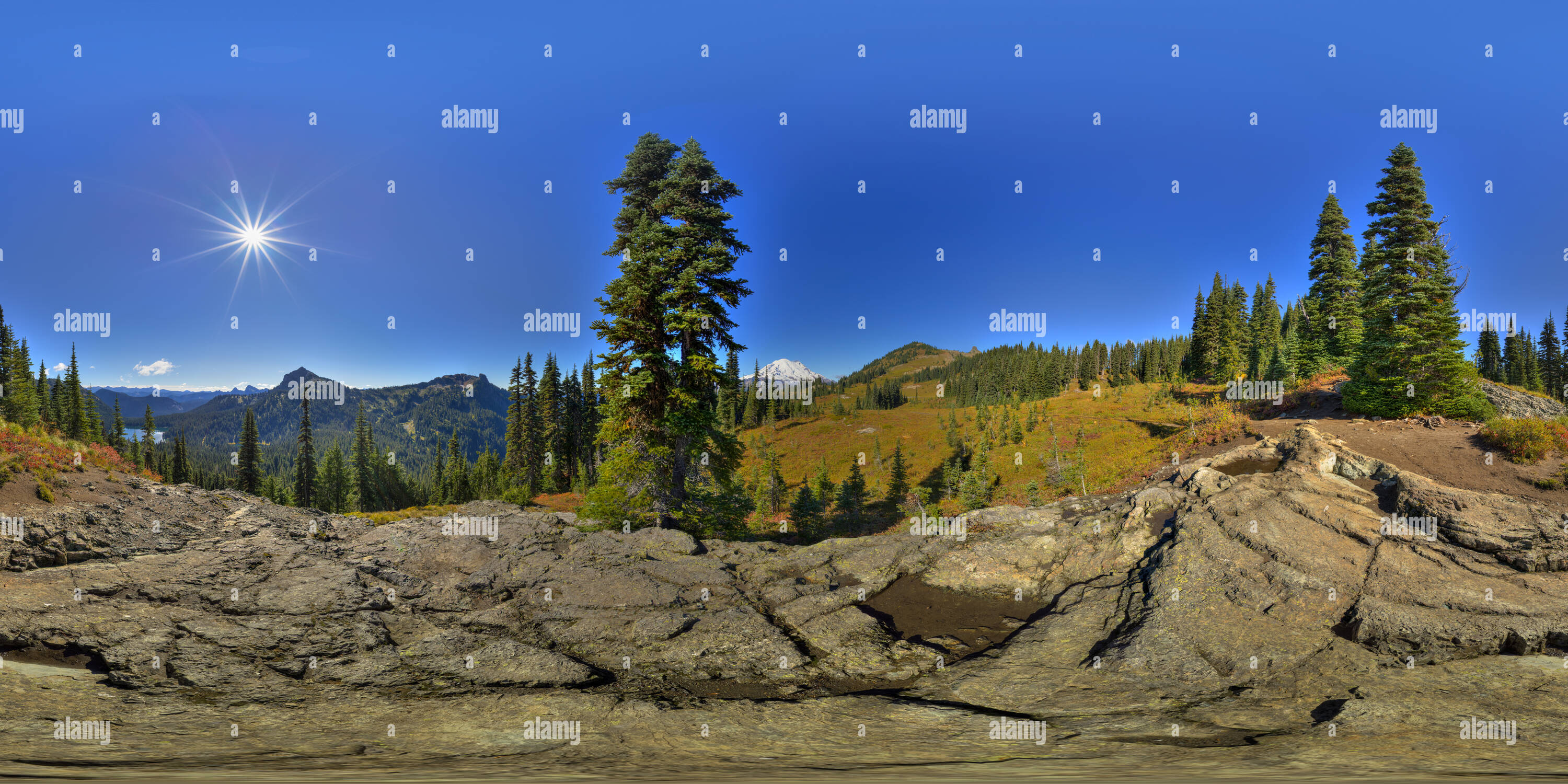 Visualizzazione panoramica a 360 gradi di Mt. Rainier dal picco Naches Loop Trail, Mt. Rainier National Park, stato di WA