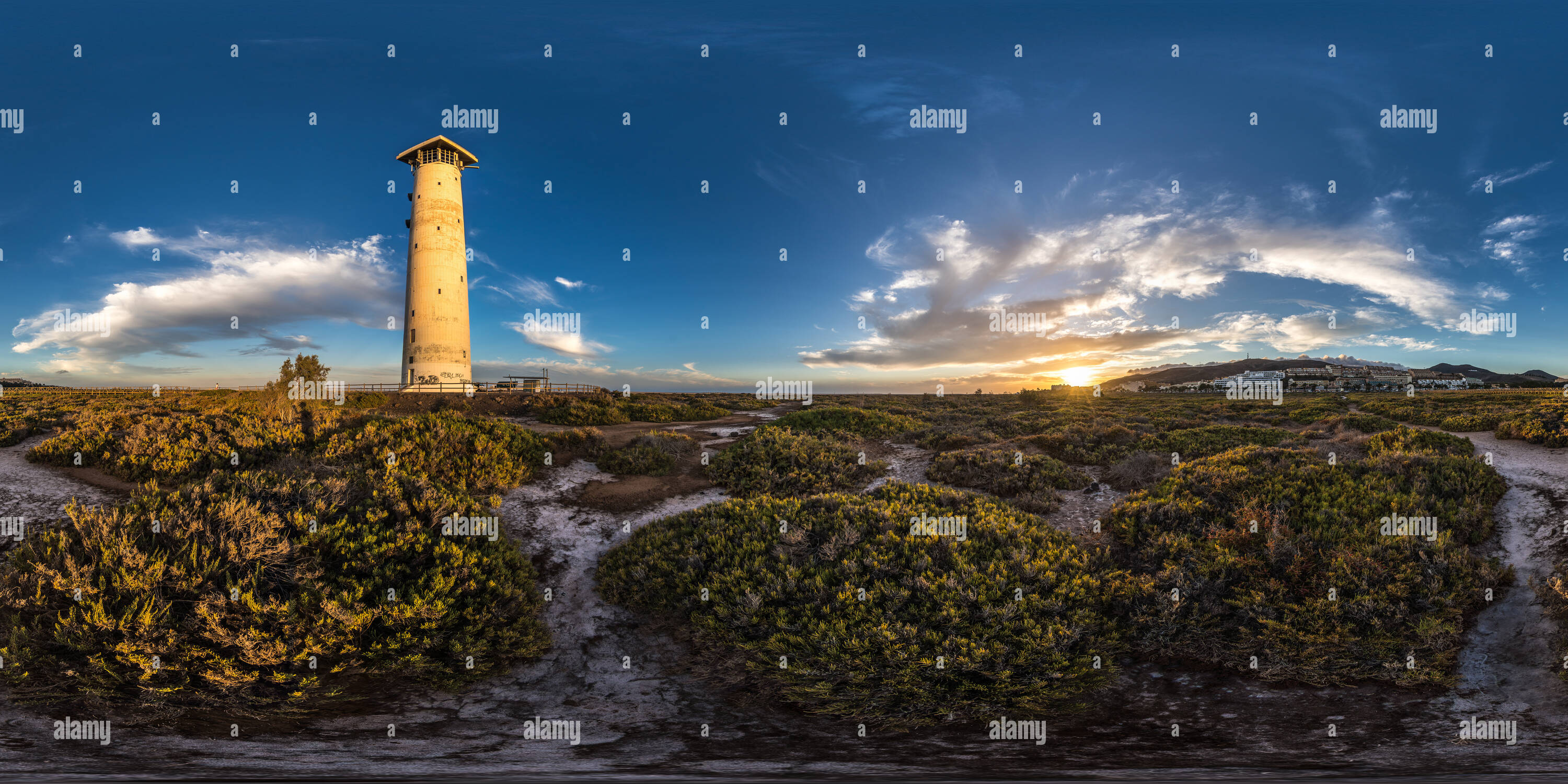 Visualizzazione panoramica a 360 gradi di Faro, Morro Jable spiaggia al tramonto, Fuerteventura