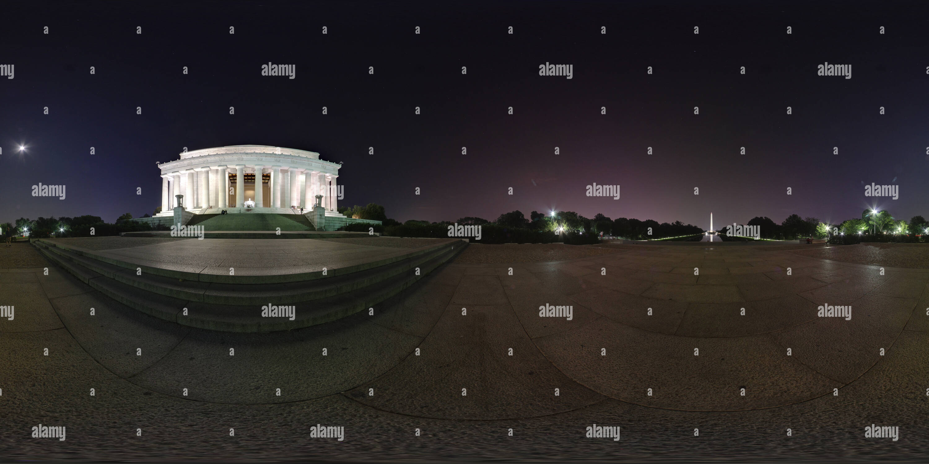 Visualizzazione panoramica a 360 gradi di Il Lincoln Memorial e il centro commerciale di notte, Washington DC