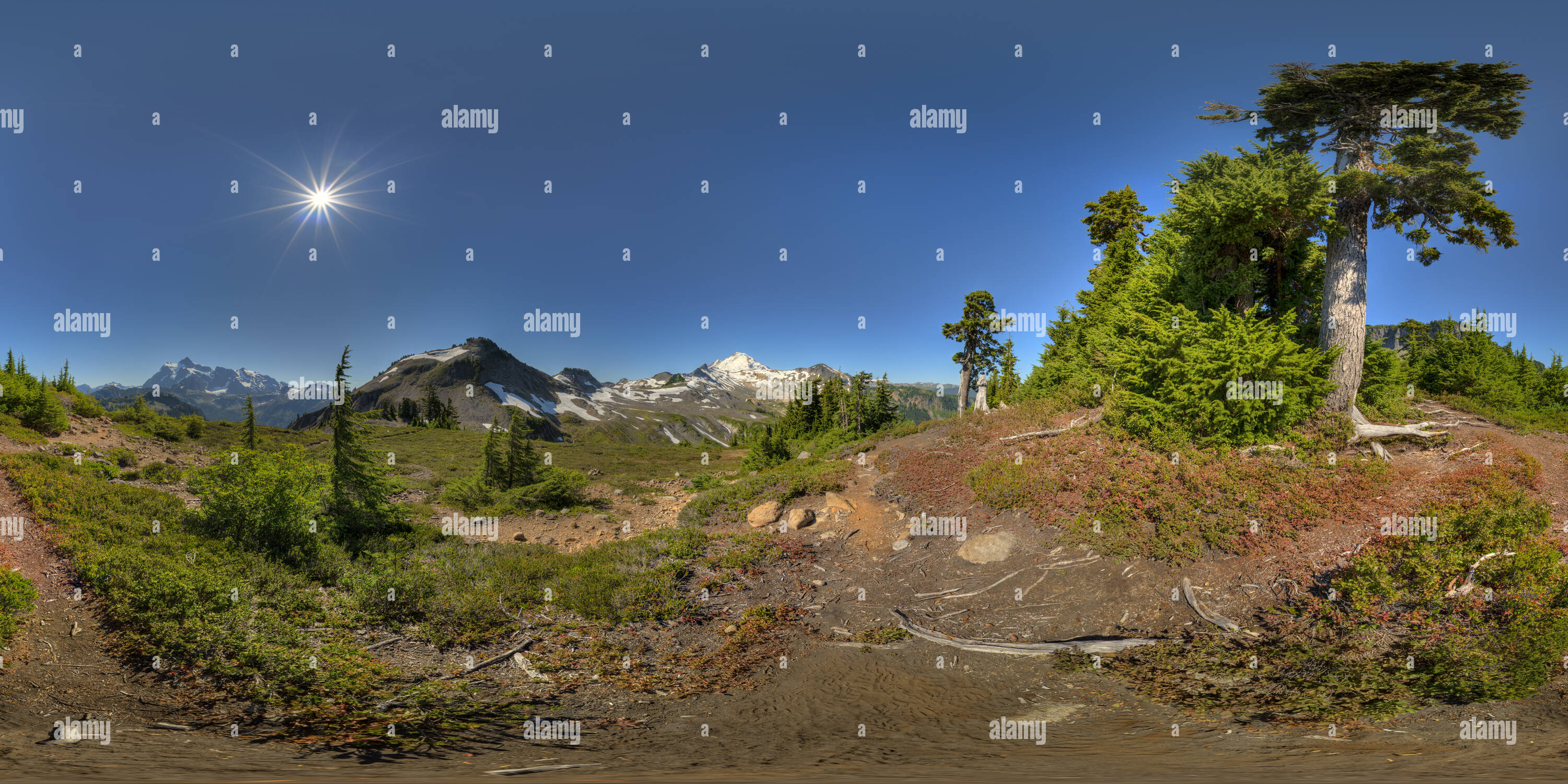Visualizzazione panoramica a 360 gradi di Mt. Baker e Mt. Shuksan, catena sentiero dei laghi, il Monte Baker NRA, stato di WA