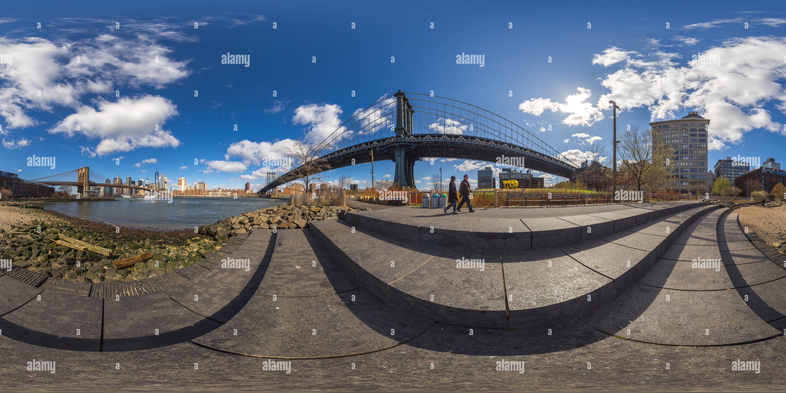 Visualizzazione panoramica a 360 gradi di Ponte di Brooklyn, Manhattan Bridge, NY