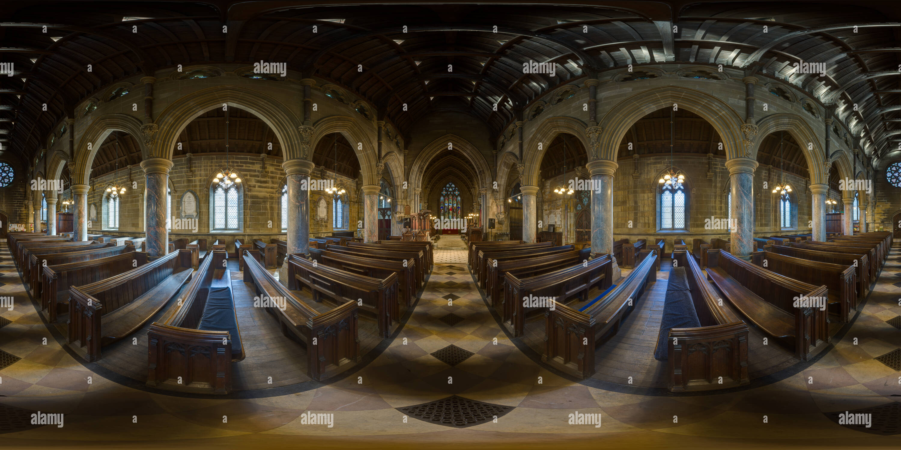 Visualizzazione panoramica a 360 gradi di All'interno di Todmorden chiesa unitaria, West Yorkshire