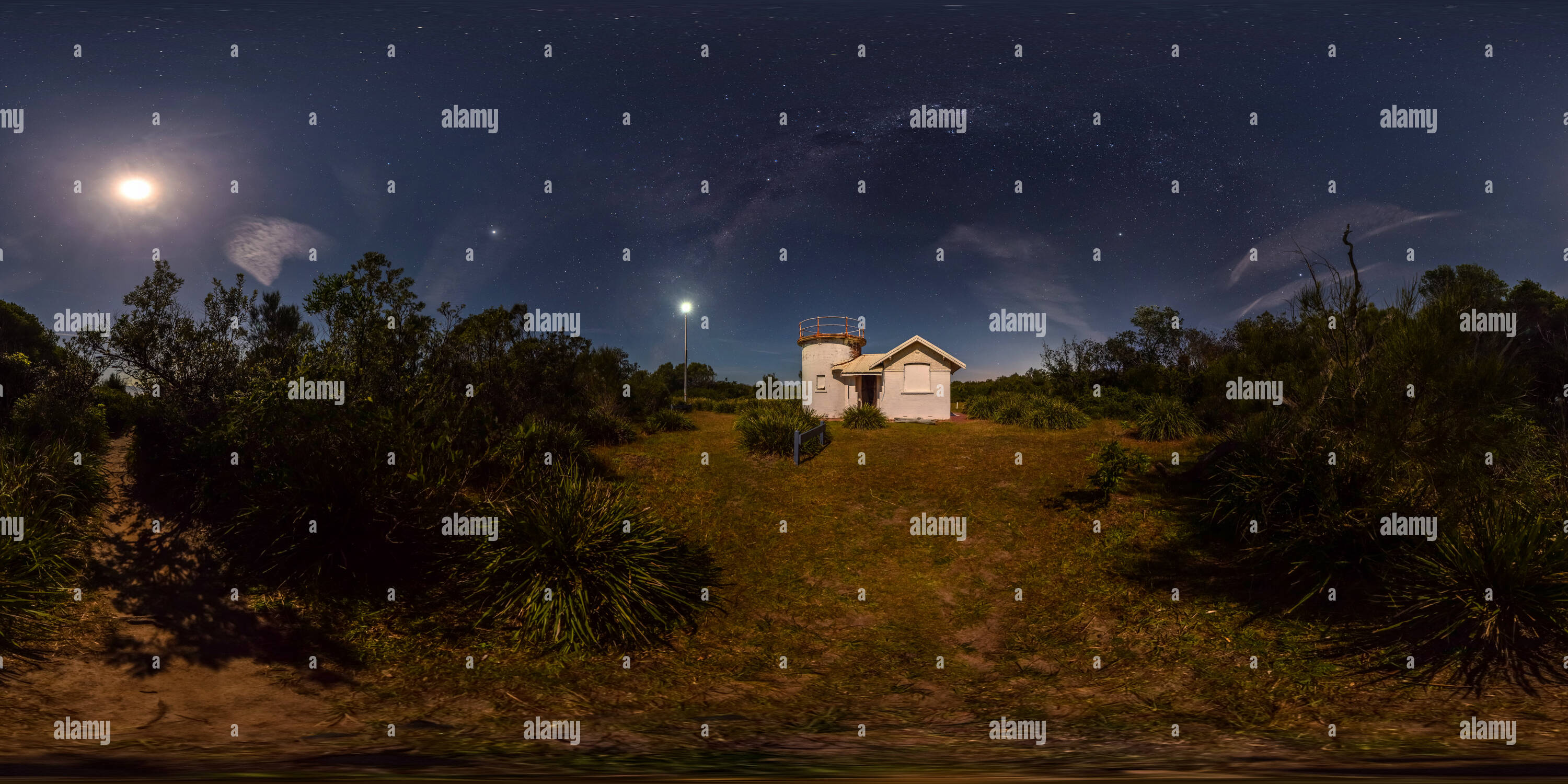 Visualizzazione panoramica a 360 gradi di Crook Haven capi faro di notte, Culburra, Nuovo Galles del Sud, Australia