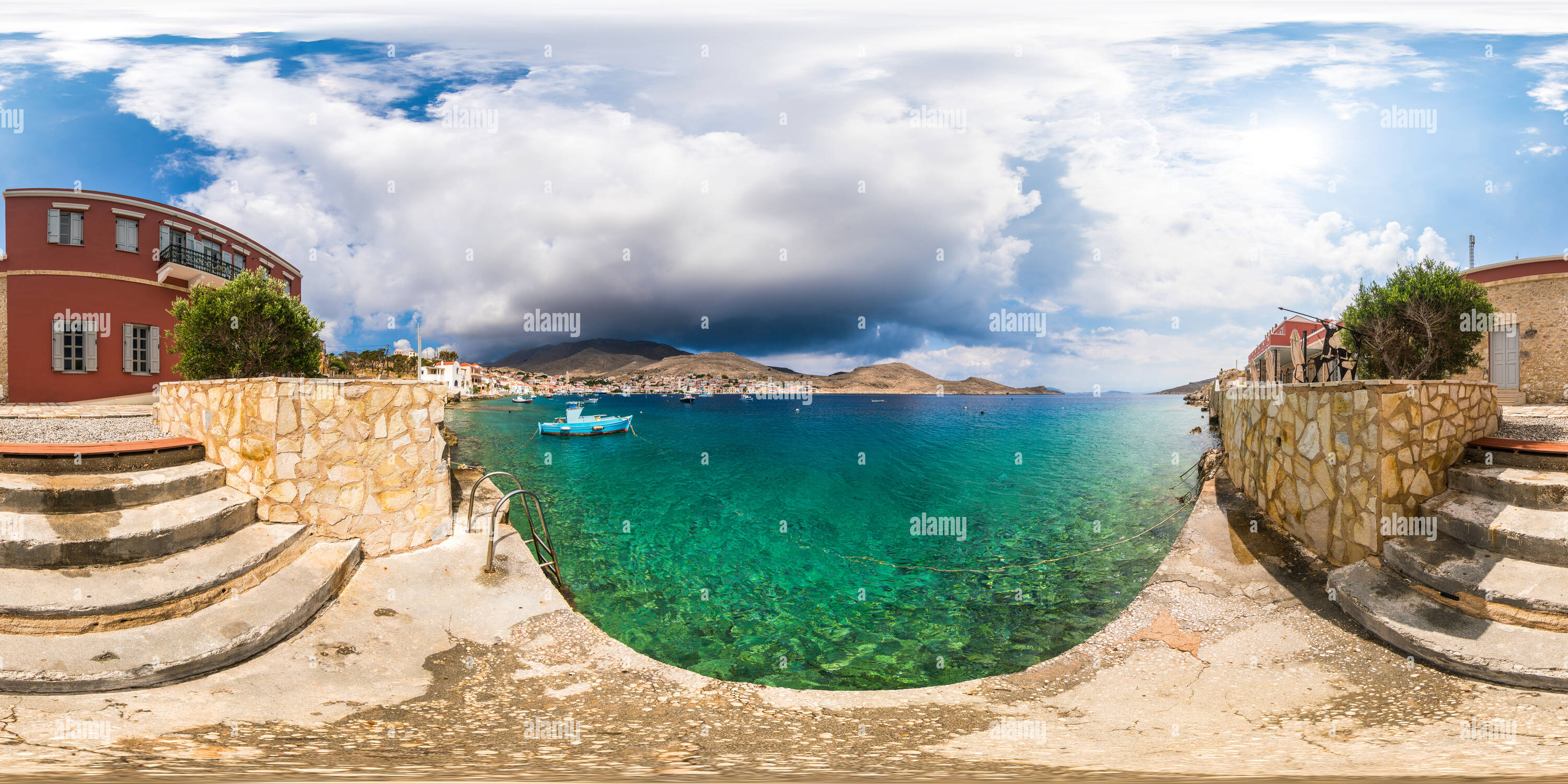 Visualizzazione panoramica a 360 gradi di L'isola di Chalki, Mare mediterraneo, Rodi