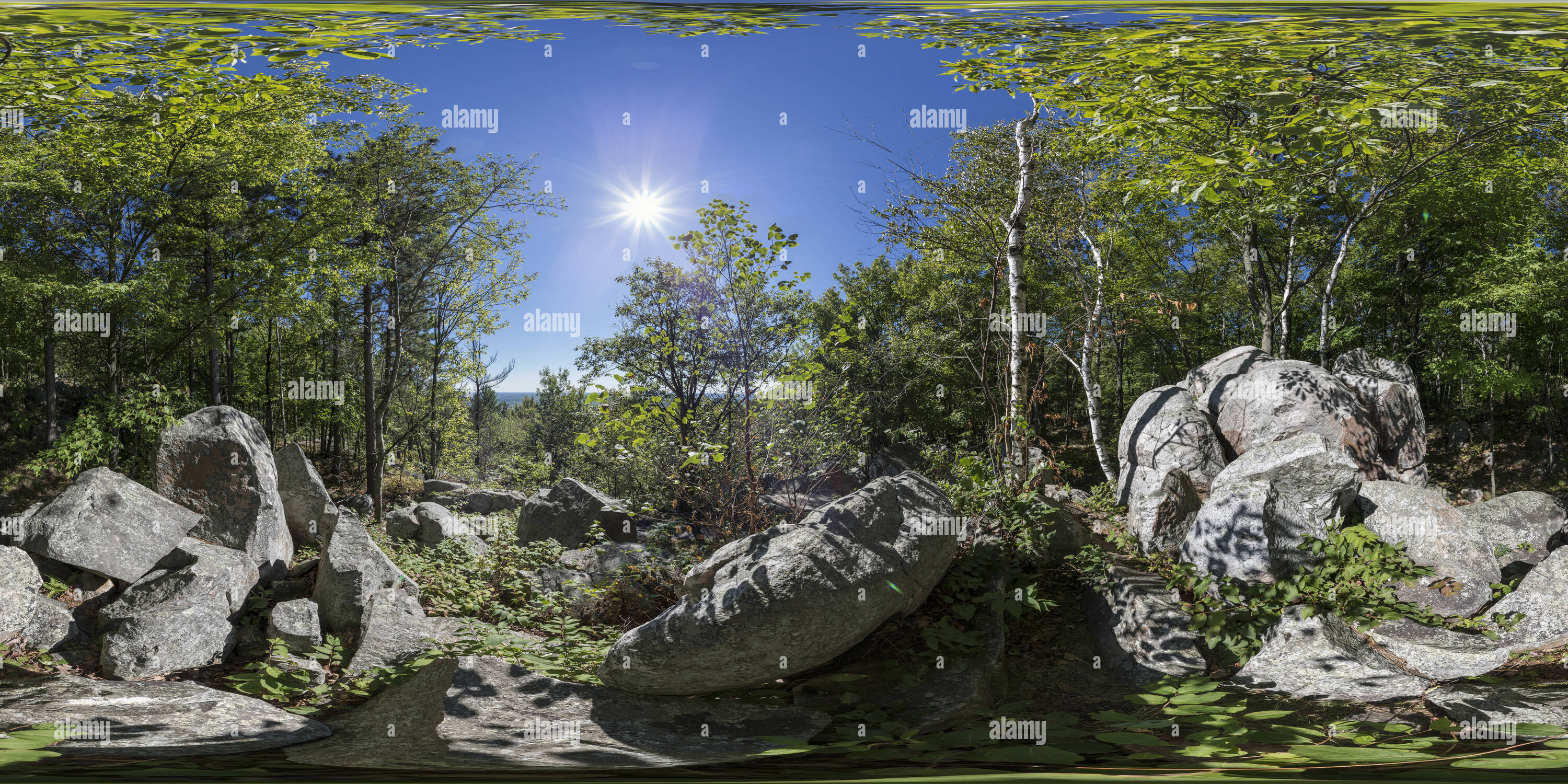 Visualizzazione panoramica a 360 gradi di La nervatura di montagna, Quarzite vicino a Wausau, Wisconsin.