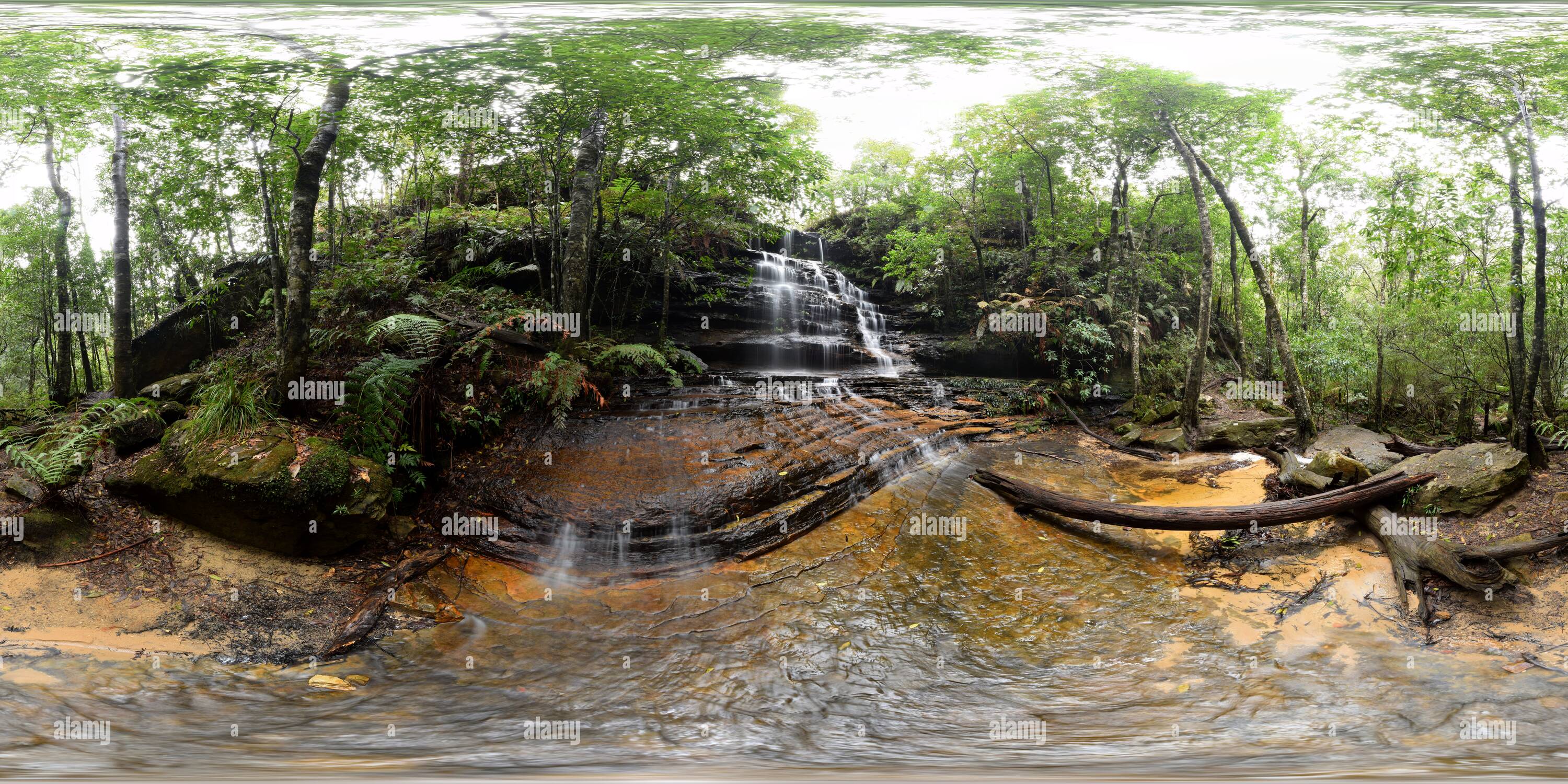 Visualizzazione panoramica a 360 gradi di Cascate di giunzione, Sud Lawson, Nuovo Galles del Sud, Australia