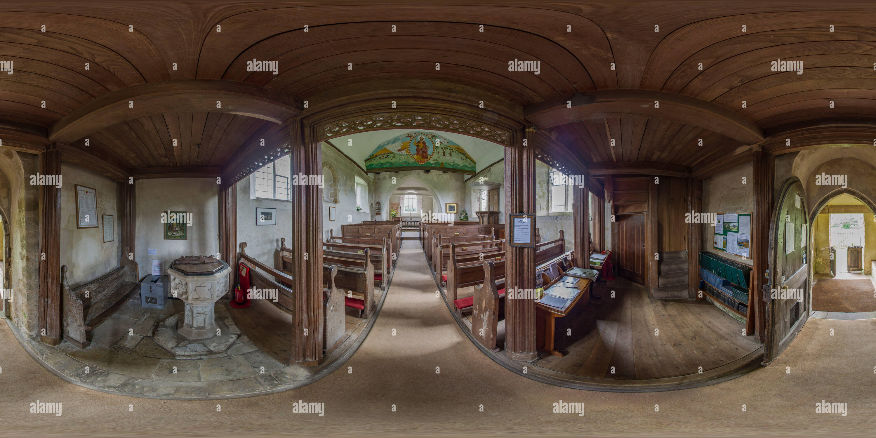 Visualizzazione panoramica a 360 gradi di Interno della St Hubert la Chiesa a Idsworth, Hampshire, Regno Unito