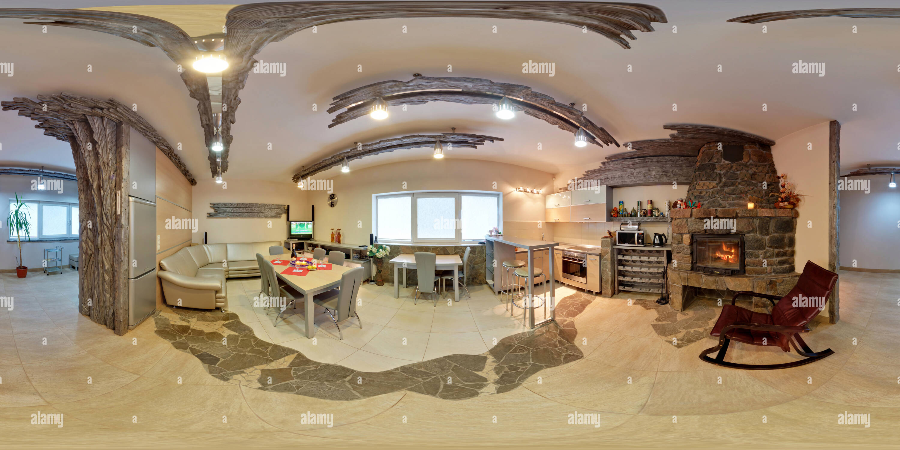 Visualizzazione panoramica a 360 gradi di MINSK, Bielorussia - 11 settembre 2012: 360 panorama equirettangolare sferica proiezione equidistante in interier moderni loft camera cucina