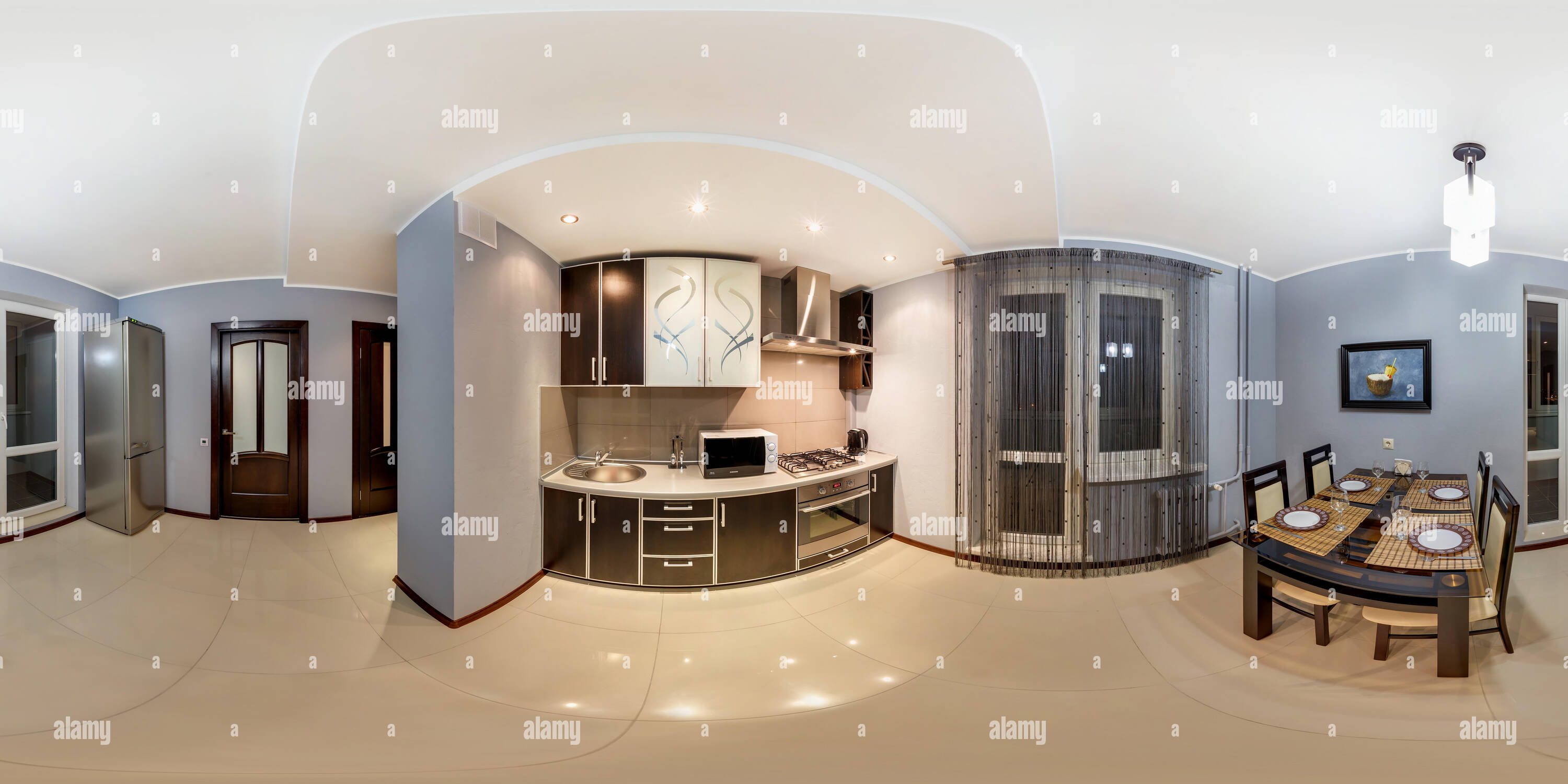 Visualizzazione panoramica a 360 gradi di GRODNO, Bielorussia - Gennaio 19, 2012: 360 panorama equirettangolare sferica proiezione equidistante in interier moderni loft camera cucina witn gr