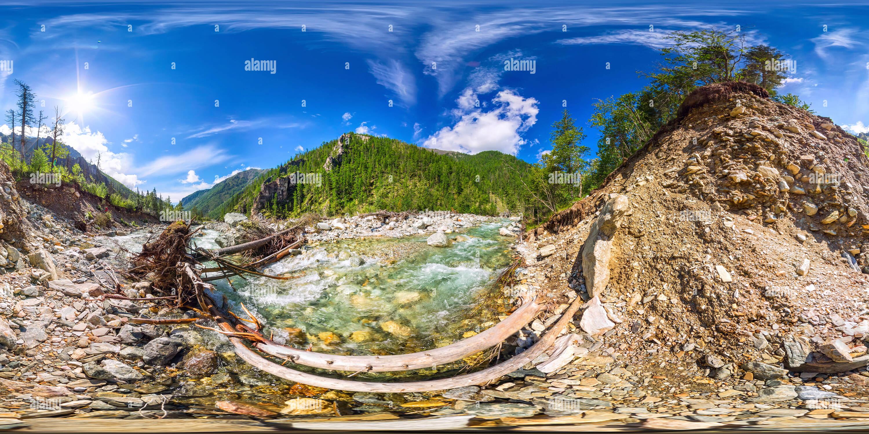 Visualizzazione panoramica a 360 gradi di Panorama sferica 360 gradi 180 fiume turbolento e ponte abbattuto albero nella rut. vr contenuto