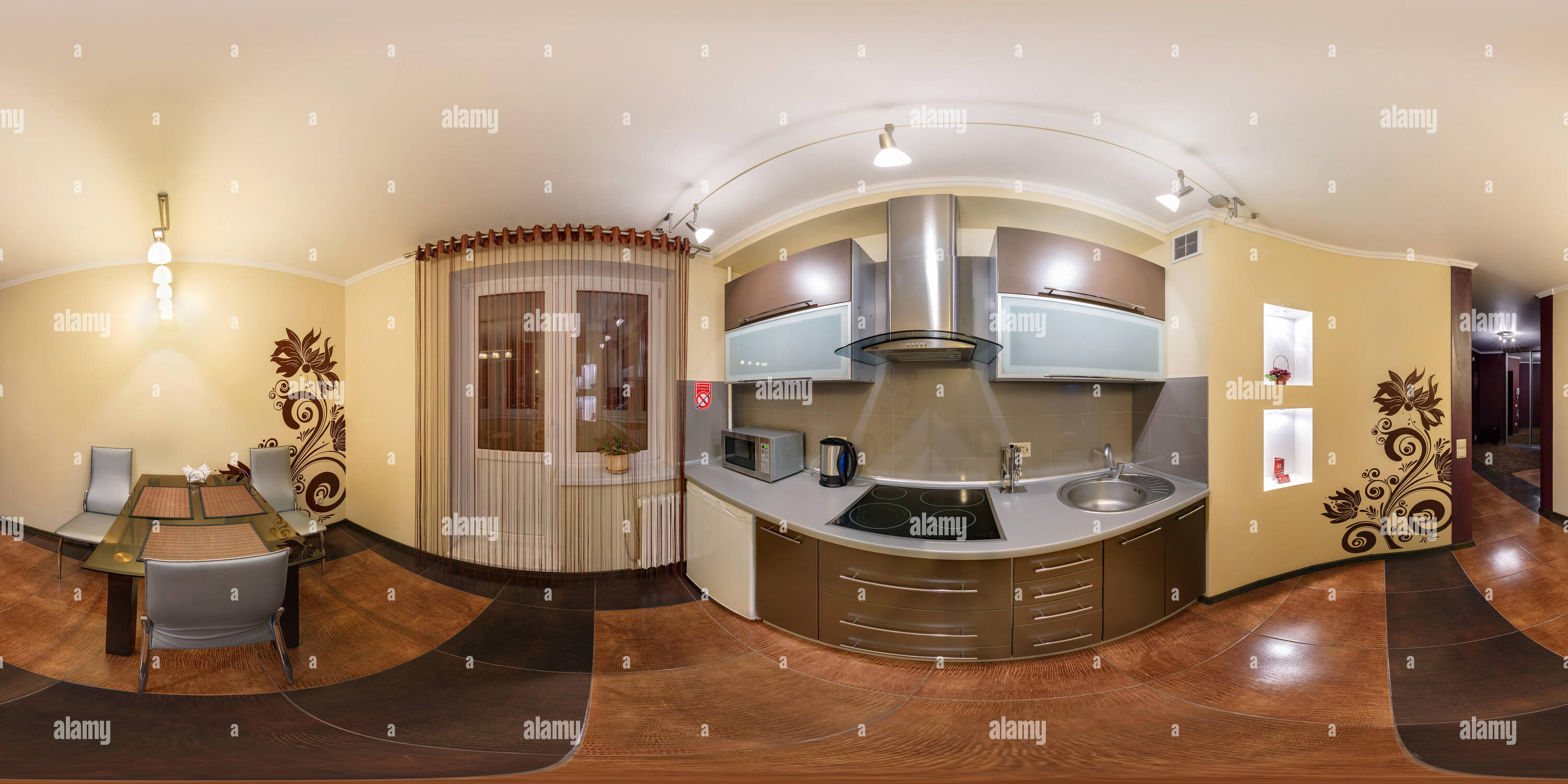 Visualizzazione panoramica a 360 gradi di MINSK, Bielorussia - 5 dicembre 2012: 360 panorama equirettangolare sferica proiezione equidistante in interier moderna cucina loft camera in yello