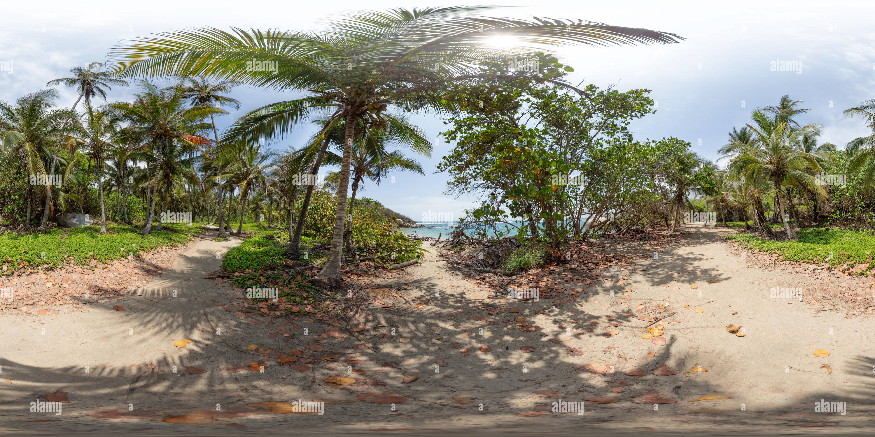 Visualizzazione panoramica a 360 gradi di Il sentiero tra Arrecifes e Cabo San Juan nel Parco Nazionale Tayrona, Colombia